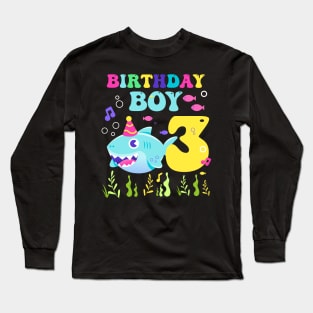 3rd Birthday Boy Shark Funny B-day Gift For Kids Tollders Long Sleeve T-Shirt